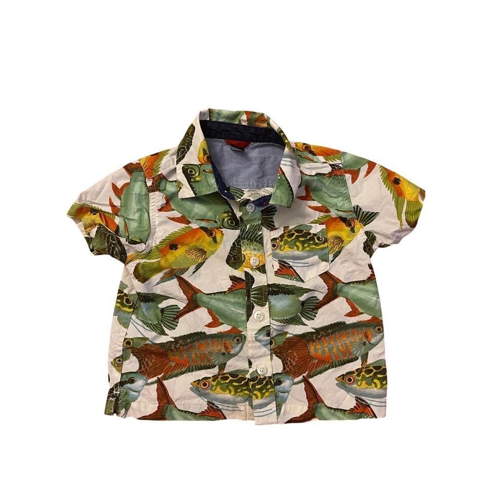 Gap Toddler Boys Fish Print Short Sleeve Button Down Shirt 12-18 Months White
